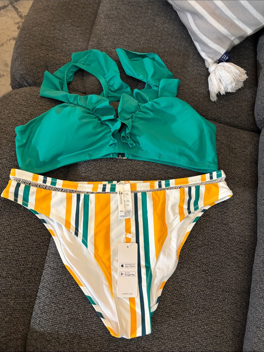 Cupshe Green Ruffled Halter Bikini Top with Yellow & Green Striped Bottoms